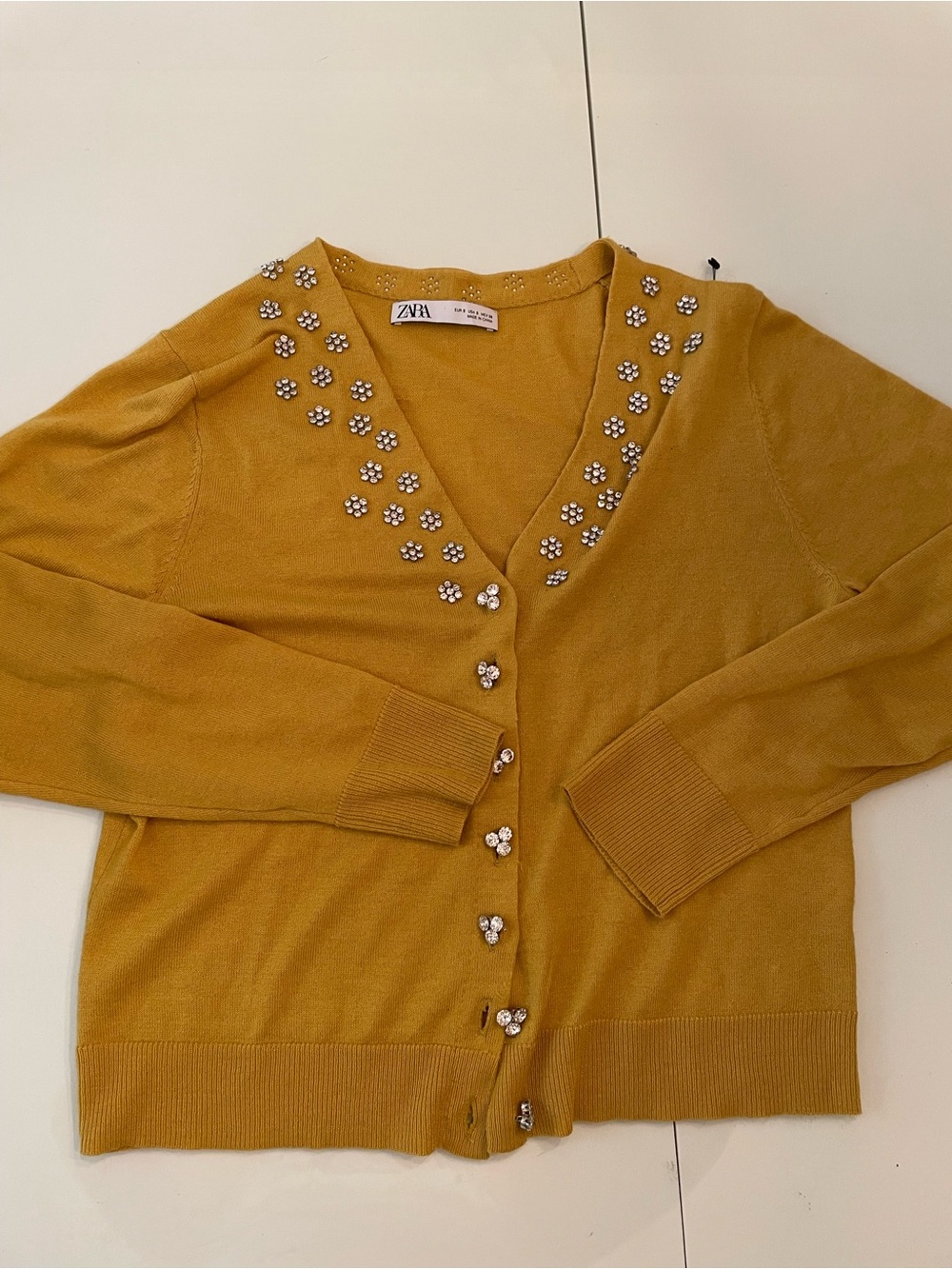 Zara Mustard Embellished V-Neck Cardigan